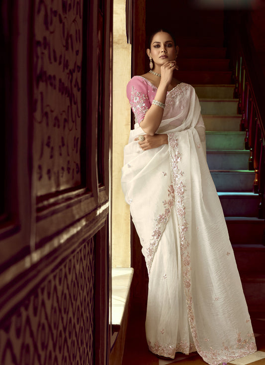 White Tissue Silk Designer Blouse Saree