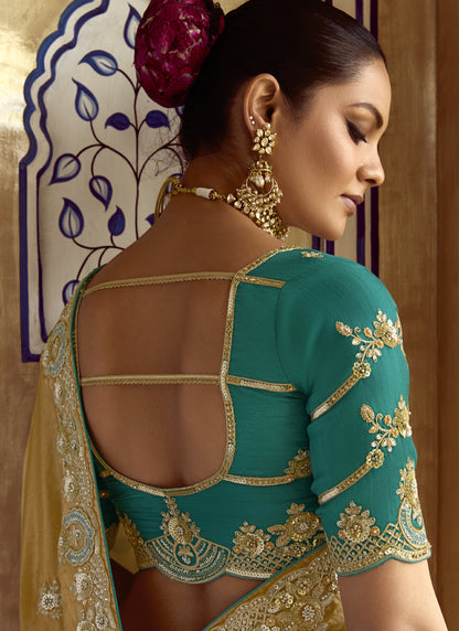 Antique Gold Tissue Silk Designer Blouse Saree