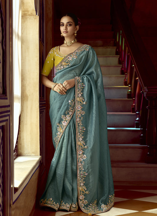 Rama green Tissue Silk Designer Blouse Saree