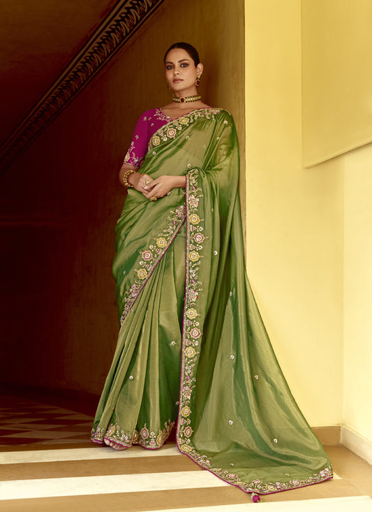 Pear green Tissue Silk Designer Blouse Saree