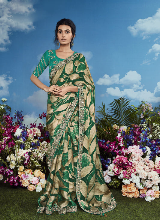 Green Brasso Embroidery Designer Blouse with Attached Tussles On Pallu