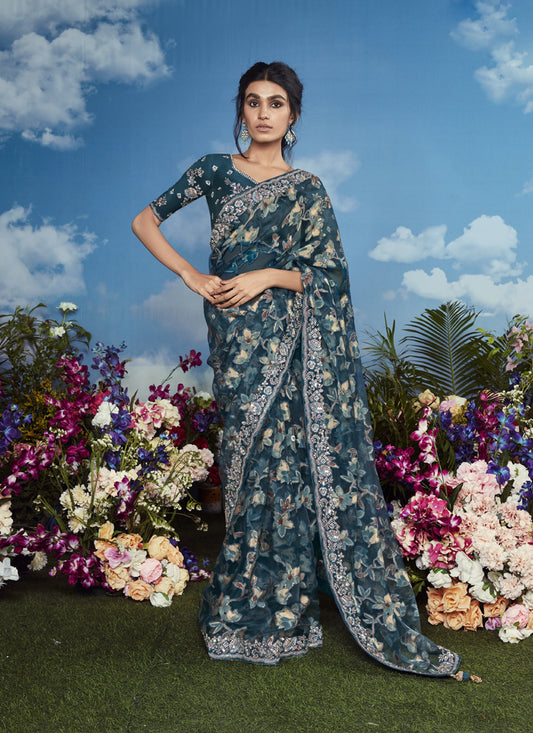 Peacock Blue  Brasso Designer Blouse with Attached Tussles On Pallu