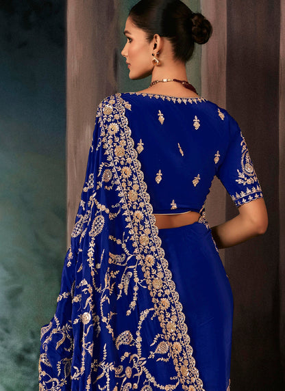 Navy Blue Fancy Hand Work Border With Heavy Designer Blouse  Wedding Wear Saree