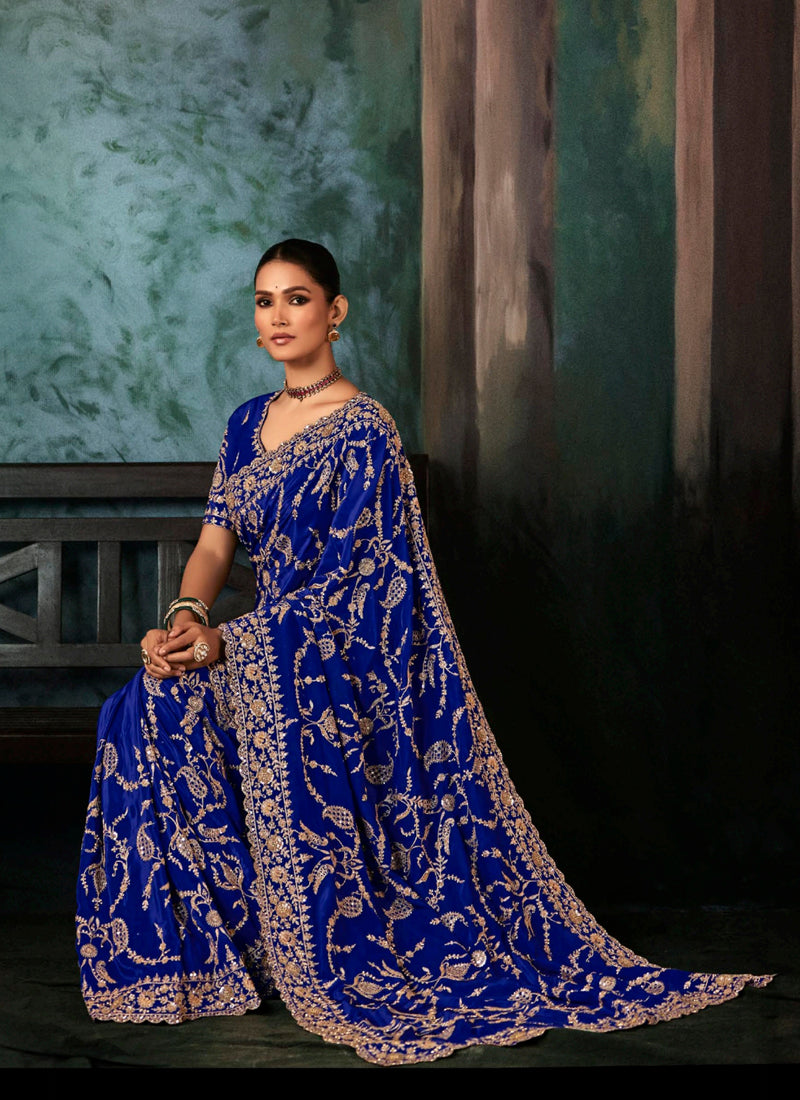 Navy Blue Fancy Hand Work Border With Heavy Designer Blouse  Wedding Wear Saree