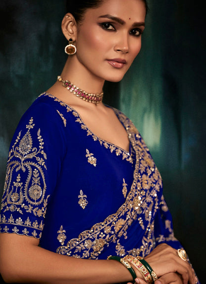 Navy Blue Fancy Hand Work Border With Heavy Designer Blouse  Wedding Wear Saree