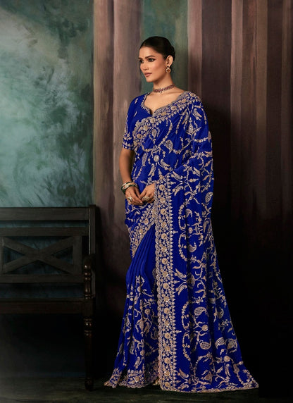Navy Blue Fancy Hand Work Border With Heavy Designer Blouse  Wedding Wear Saree