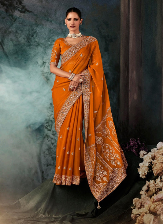Orange Fancy Hand Work Border With Heavy Designer Blouse  Wedding Wear Saree