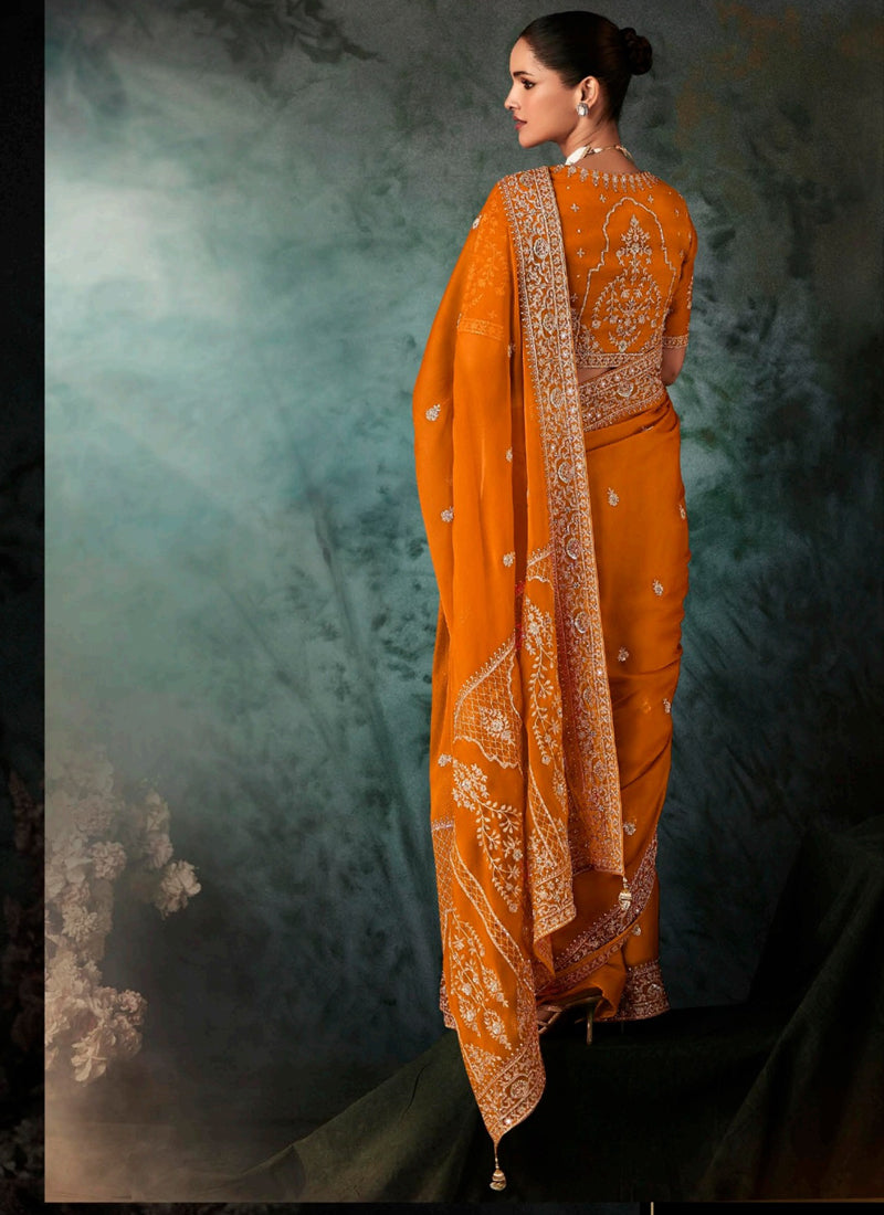Orange Fancy Hand Work Border With Heavy Designer Blouse  Wedding Wear Saree