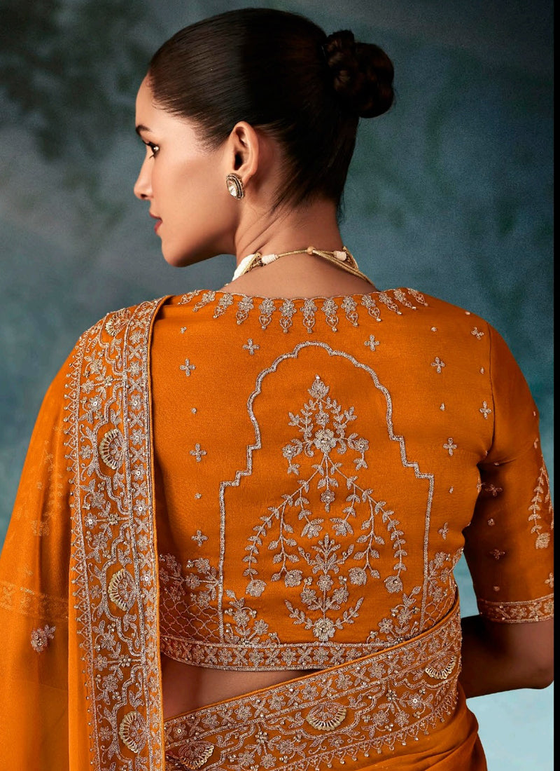 Orange Fancy Hand Work Border With Heavy Designer Blouse  Wedding Wear Saree