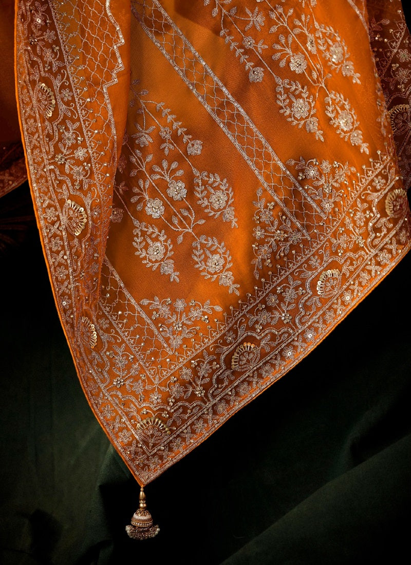 Orange Fancy Hand Work Border With Heavy Designer Blouse  Wedding Wear Saree