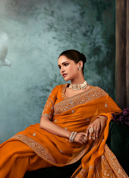 Orange Fancy Hand Work Border With Heavy Designer Blouse  Wedding Wear Saree