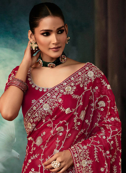 Maroon Fancy Hand Work Border With Heavy Designer Blouse Wedding Wear Saree