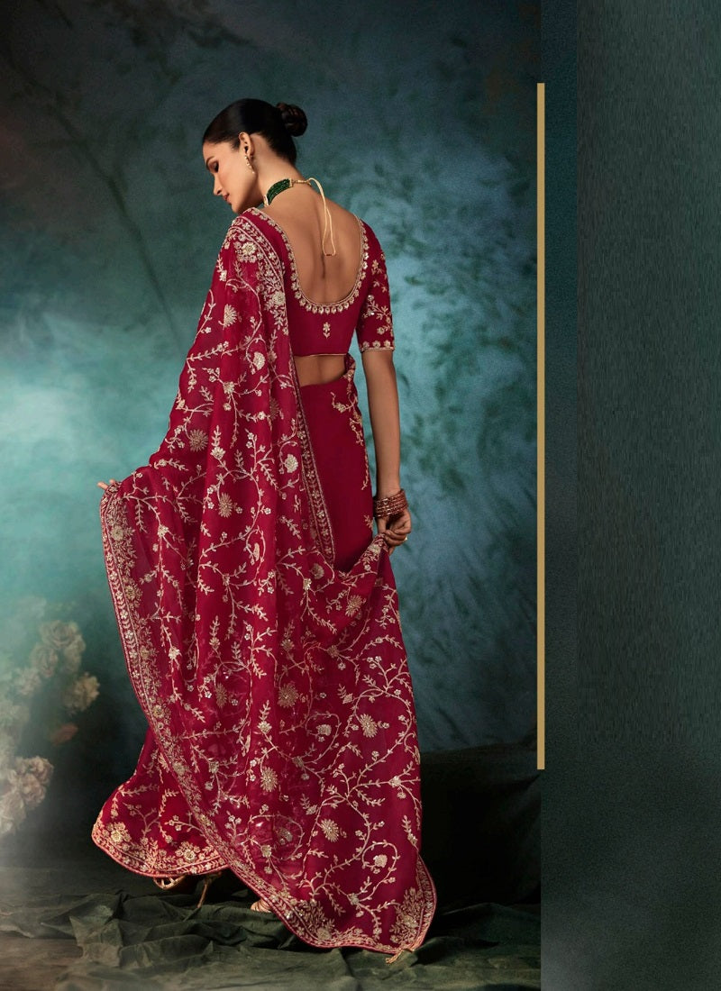 Maroon Fancy Hand Work Border With Heavy Designer Blouse Wedding Wear Saree