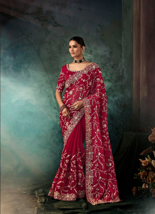 Maroon Fancy Hand Work Border With Heavy Designer Blouse Wedding Wear Saree