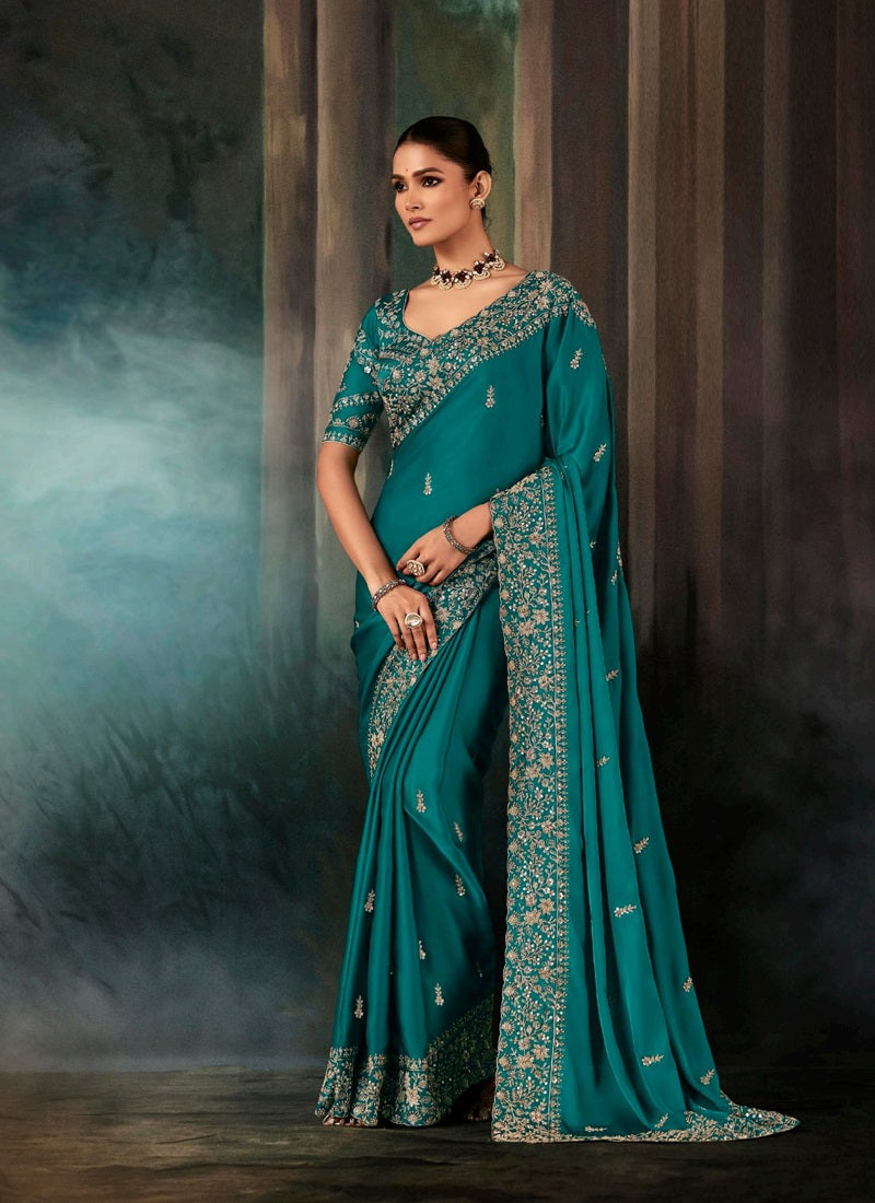 Teal Fancy Hand Work Border With Heavy Designer Blouse  Wedding Wear Saree