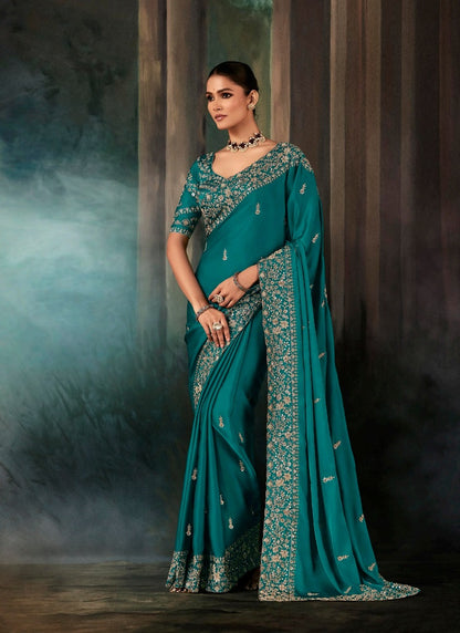Teal Fancy Hand Work Border With Heavy Designer Blouse  Wedding Wear Saree