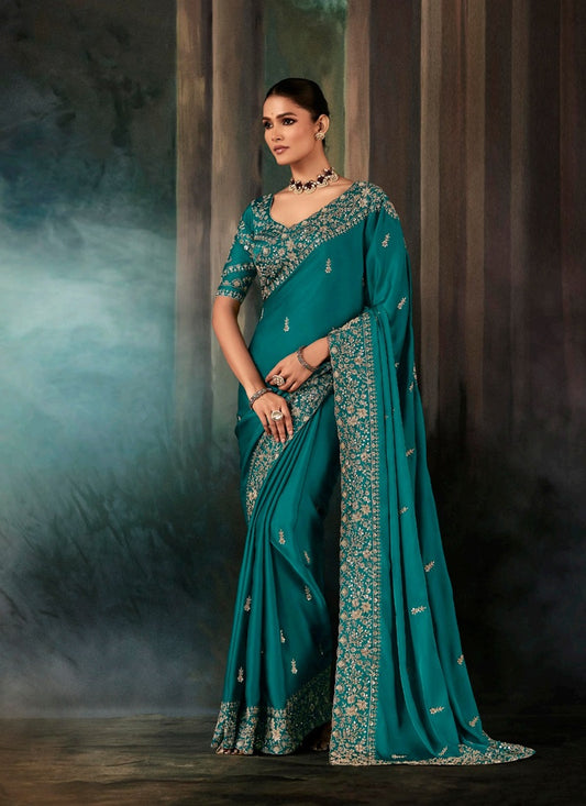Teal Fancy Hand Work Border With Heavy Designer Blouse  Wedding Wear Saree