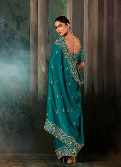 Teal Fancy Hand Work Border With Heavy Designer Blouse  Wedding Wear Saree