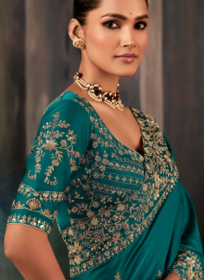 Teal Fancy Hand Work Border With Heavy Designer Blouse  Wedding Wear Saree