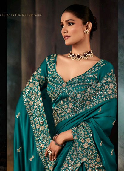Teal Fancy Hand Work Border With Heavy Designer Blouse  Wedding Wear Saree