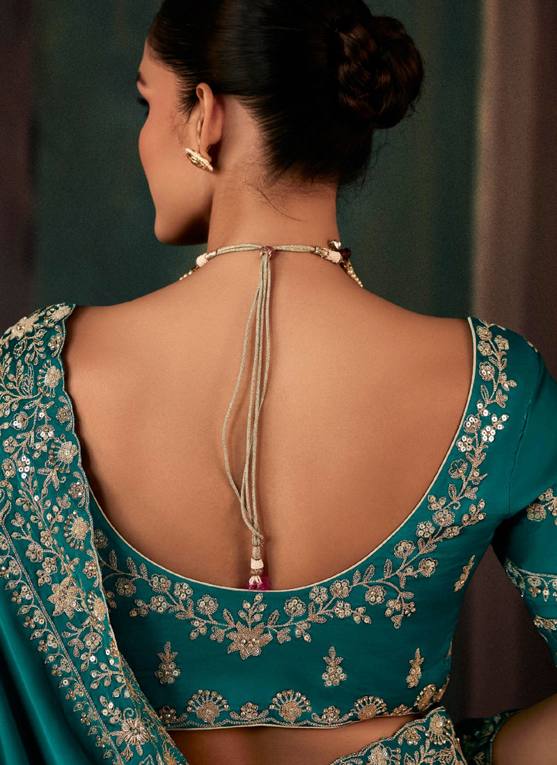 Teal Fancy Hand Work Border With Heavy Designer Blouse  Wedding Wear Saree