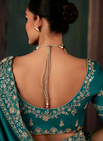 Teal Fancy Hand Work Border With Heavy Designer Blouse  Wedding Wear Saree