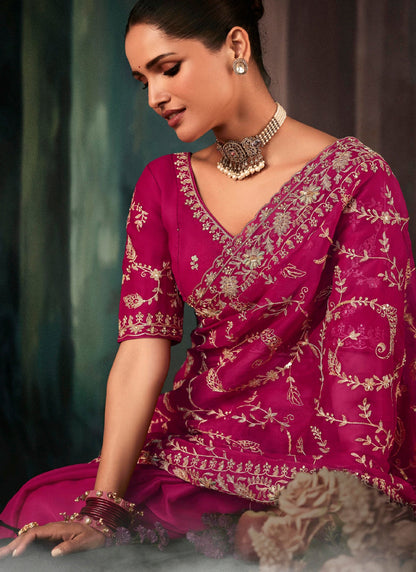 Rani Pink Fancy Hand Work Border With Heavy Designer Blouse  Wedding Wear Saree