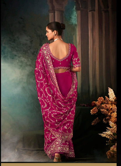 Rani Pink Fancy Hand Work Border With Heavy Designer Blouse  Wedding Wear Saree