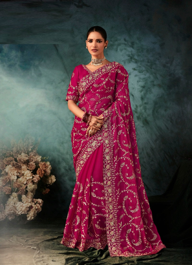 Rani Pink Fancy Hand Work Border With Heavy Designer Blouse  Wedding Wear Saree