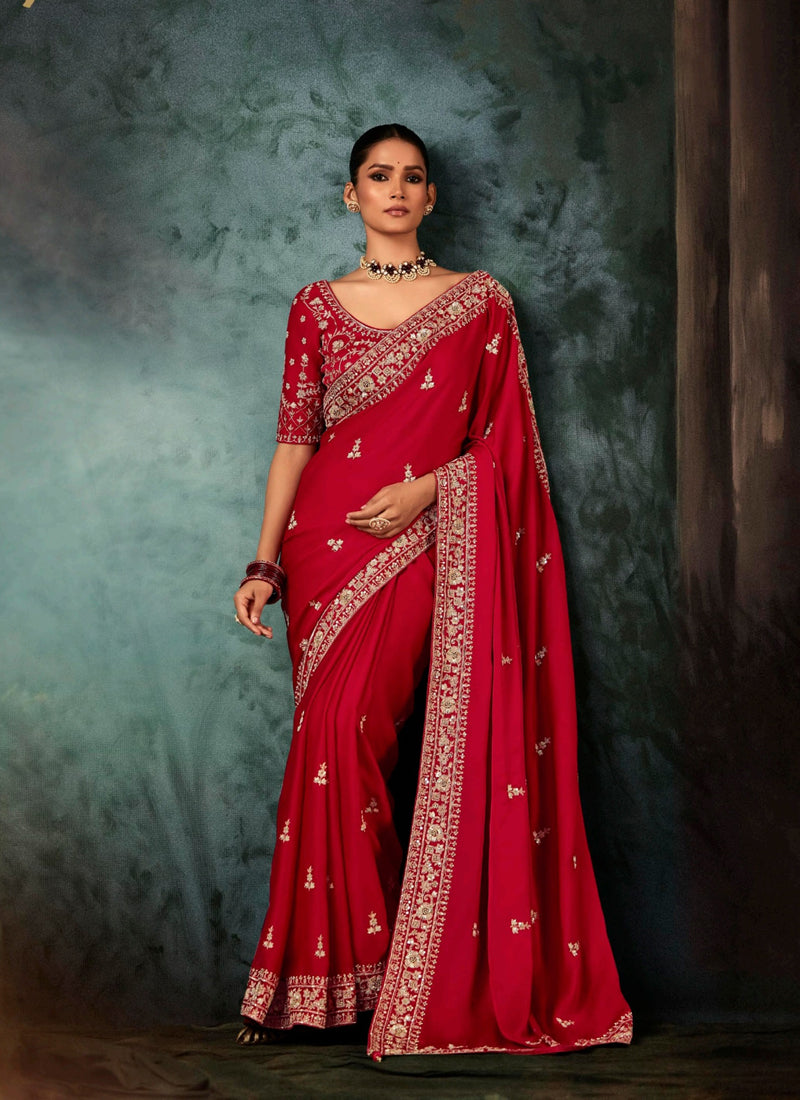 Blood Red Fancy Hand Work Border With Heavy Designer Blouse  Wedding Wear Saree