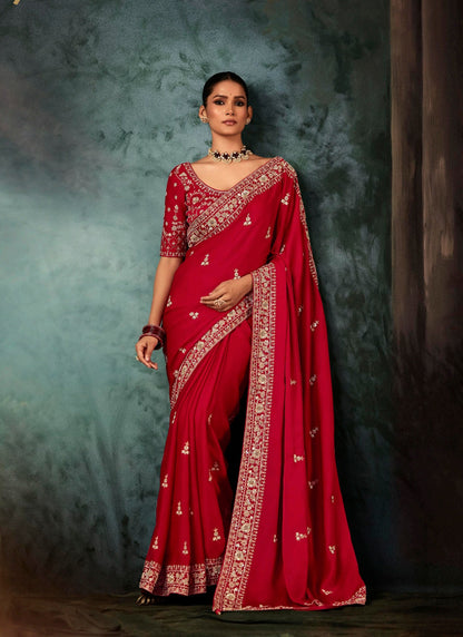 Blood Red Fancy Hand Work Border With Heavy Designer Blouse  Wedding Wear Saree