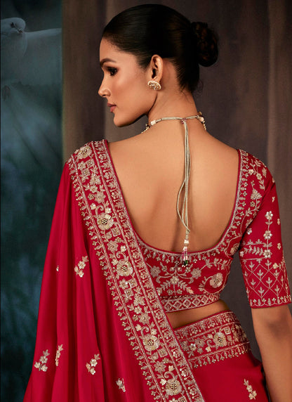 Blood Red Fancy Hand Work Border With Heavy Designer Blouse  Wedding Wear Saree