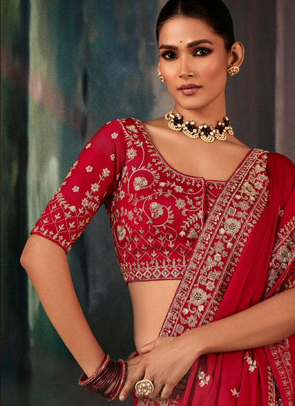 Blood Red Fancy Hand Work Border With Heavy Designer Blouse  Wedding Wear Saree