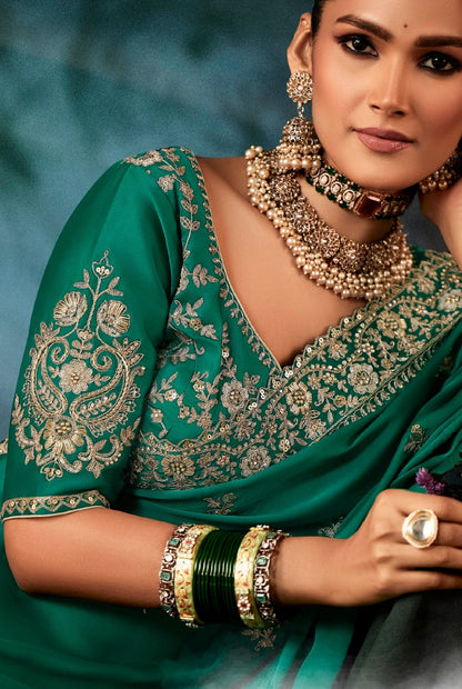 Peacock Green Fancy Hand Work Border With Heavy Designer Blouse  Wedding Wear Saree