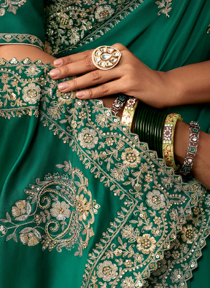 Peacock Green Fancy Hand Work Border With Heavy Designer Blouse  Wedding Wear Saree