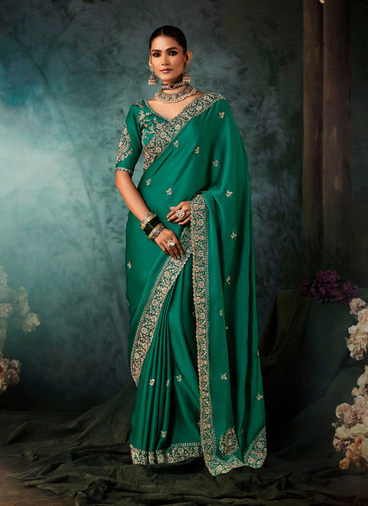 Peacock Green Fancy Hand Work Border With Heavy Designer Blouse  Wedding Wear Saree