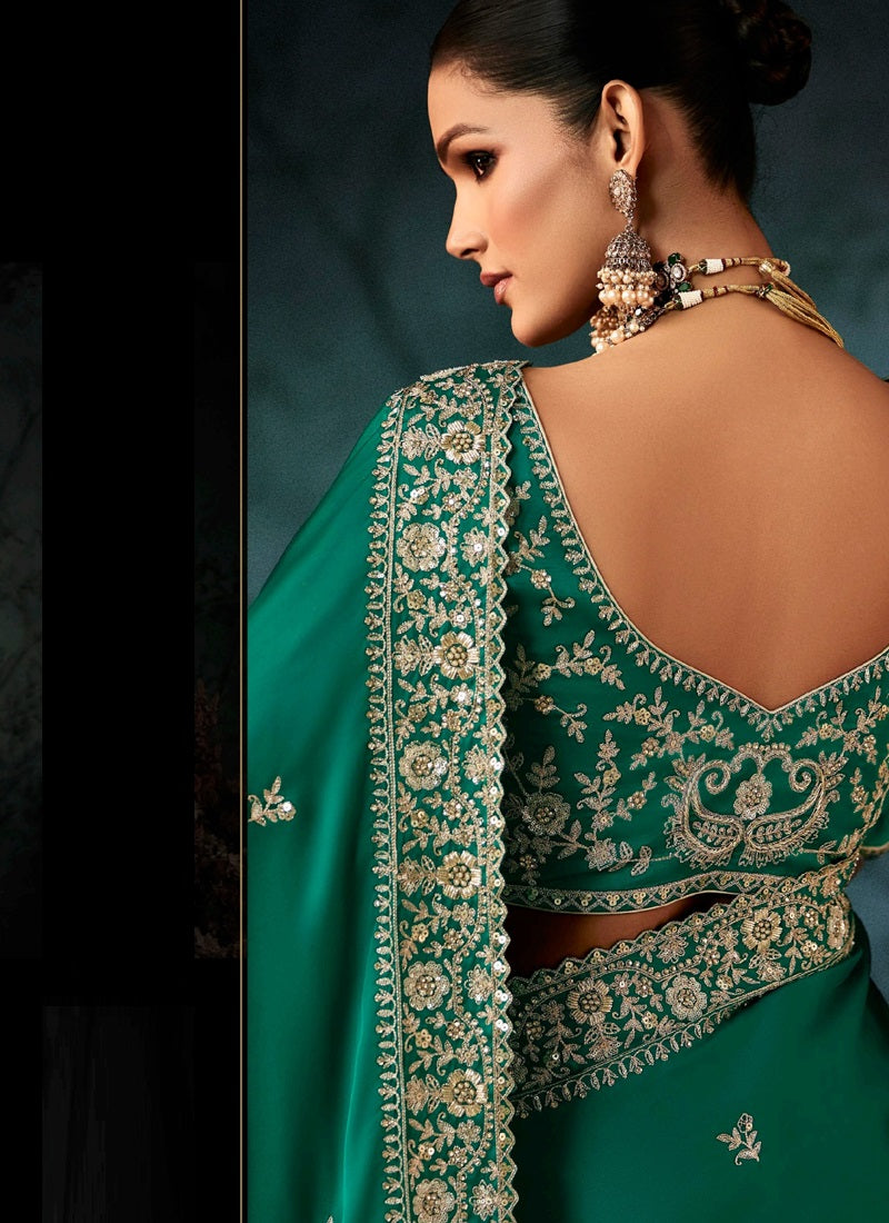 Peacock Green Fancy Hand Work Border With Heavy Designer Blouse  Wedding Wear Saree