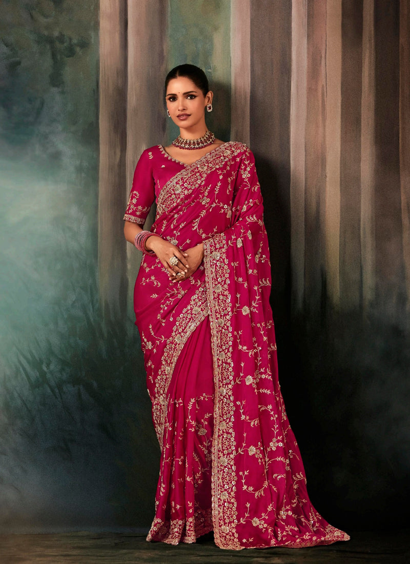 Raspberry Fancy Hand Work Border With Heavy Designer Blouse  Wedding Wear Saree