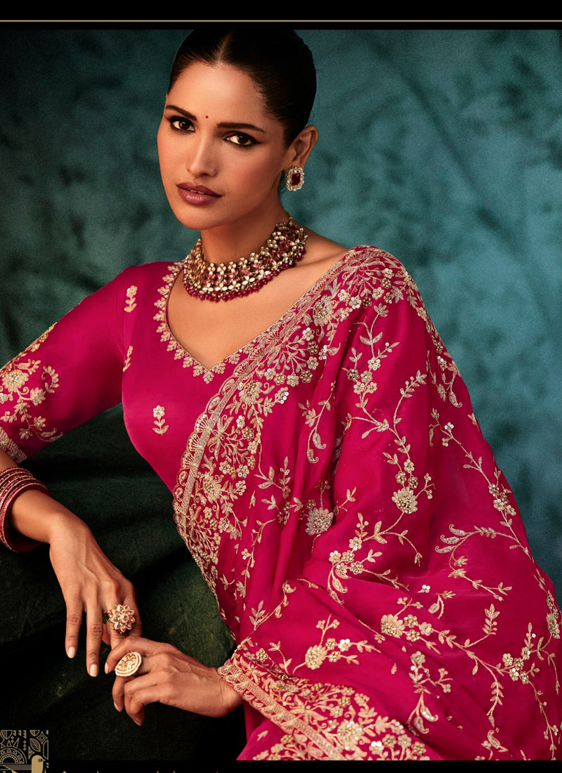 Raspberry Fancy Hand Work Border With Heavy Designer Blouse  Wedding Wear Saree