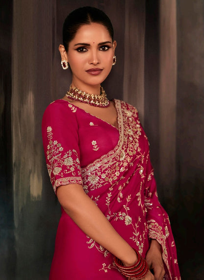 Raspberry Fancy Hand Work Border With Heavy Designer Blouse  Wedding Wear Saree