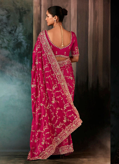 Raspberry Fancy Hand Work Border With Heavy Designer Blouse  Wedding Wear Saree