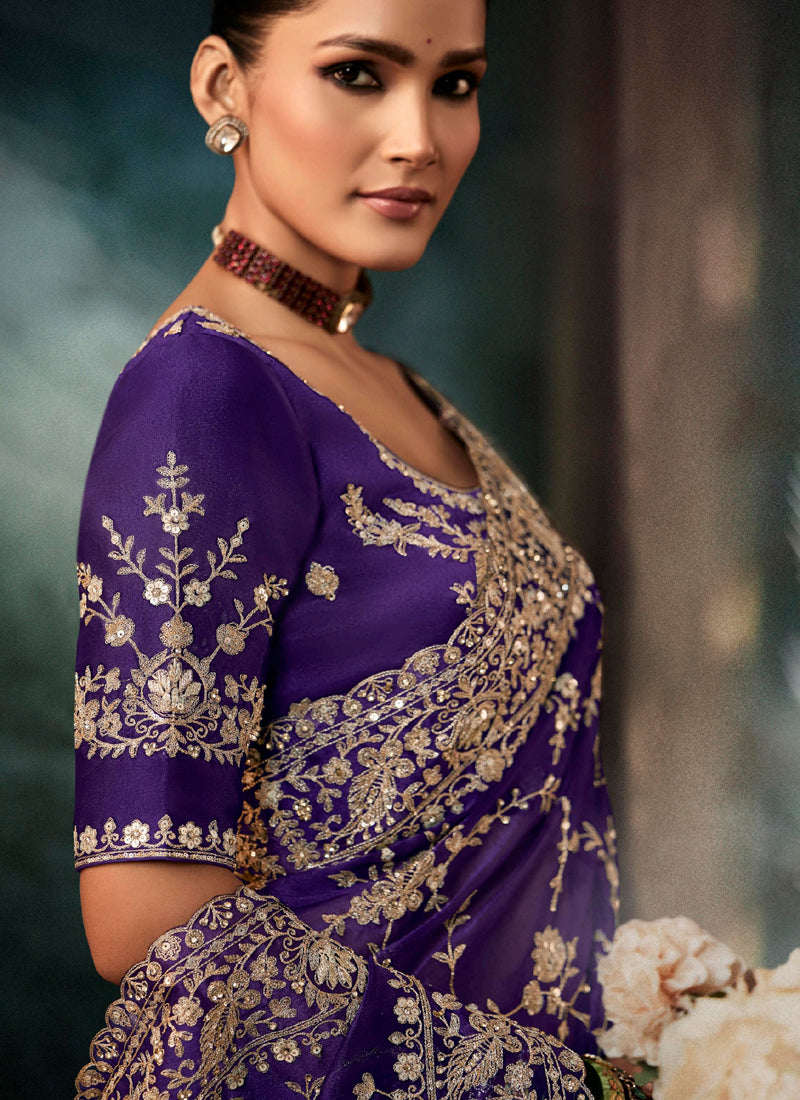 Purple Fancy Hand Work Border With Heavy Designer Blouse  Wedding Wear Saree