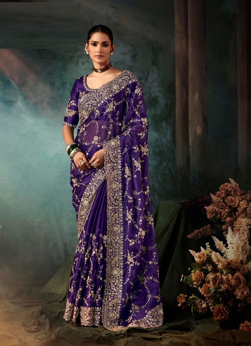 Purple Fancy Hand Work Border With Heavy Designer Blouse  Wedding Wear Saree