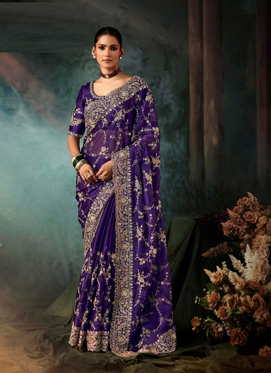 Purple Fancy Hand Work Border With Heavy Designer Blouse  Wedding Wear Saree