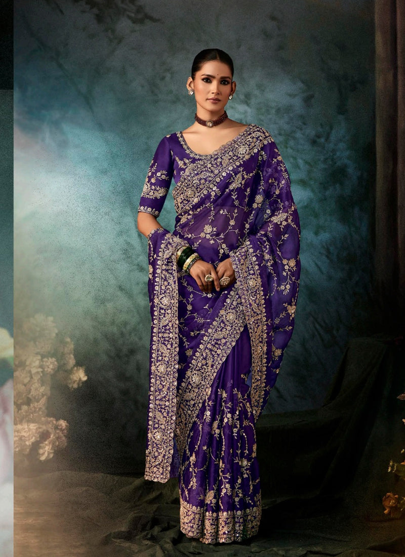 Purple Fancy Hand Work Border With Heavy Designer Blouse  Wedding Wear Saree