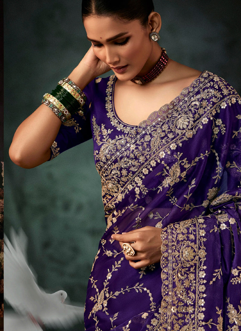 Purple Fancy Hand Work Border With Heavy Designer Blouse  Wedding Wear Saree