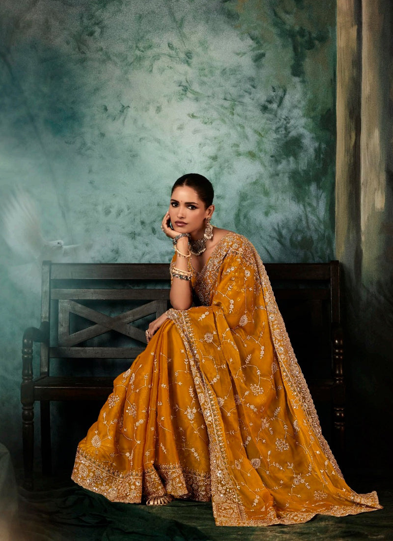 Mustard  Fancy Hand Work Border With Heavy Designer Blouse  Wedding Wear Saree