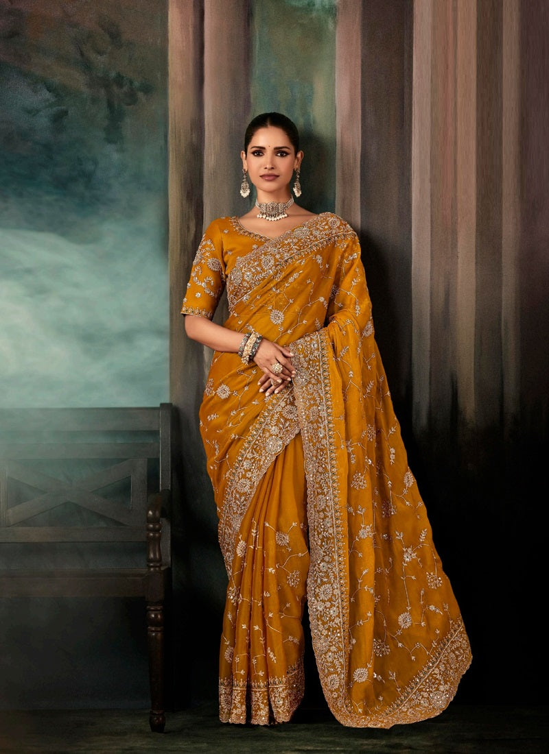 Mustard  Fancy Hand Work Border With Heavy Designer Blouse  Wedding Wear Saree