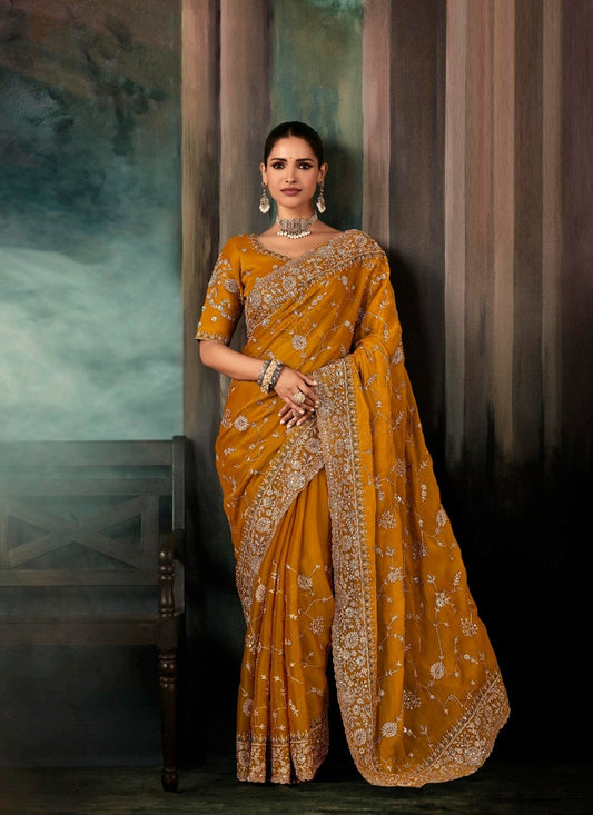 Mustard  Fancy Hand Work Border With Heavy Designer Blouse  Wedding Wear Saree