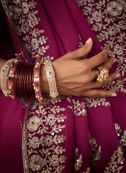 Burgundy Fancy Hand Work Border With Heavy Designer Blouse  Wedding Wear Saree